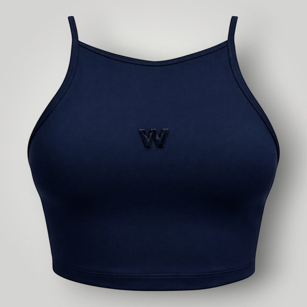 Top fitness W One Brand Store azul marinho com frente alta, alças finas e logo frontal, ideal para treinos.