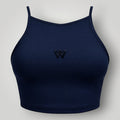 Top fitness W One Brand Store azul marinho com frente alta, alças finas e logo frontal, ideal para treinos.