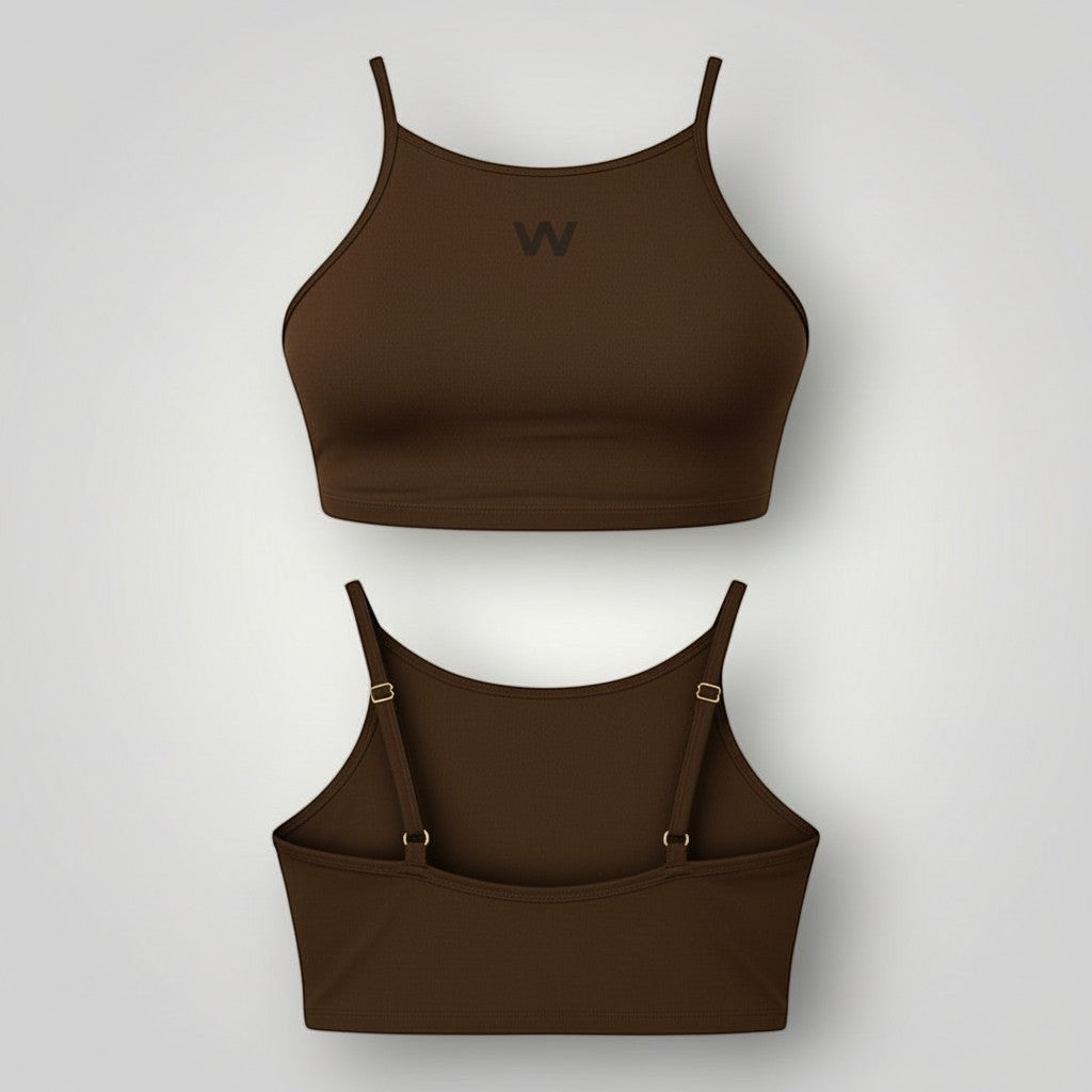 Top W One Brand Store fitness cor café com frente alta, alças reguláveis e média sustentação em poliamida