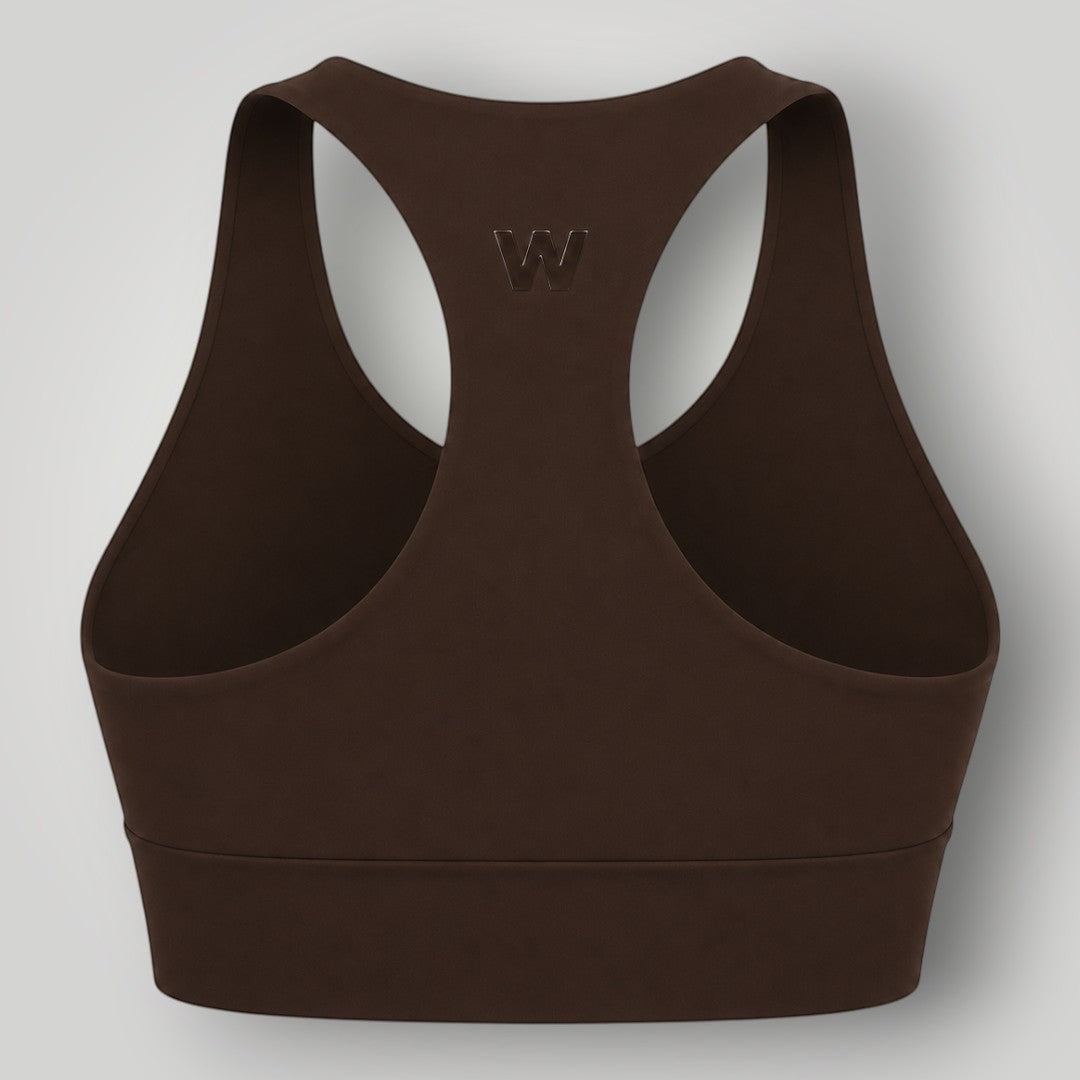 Top fitness W One Brand Store Essence 2 marrom coffee nadador em poliamida com alta sustentação e logo discreto nas costas