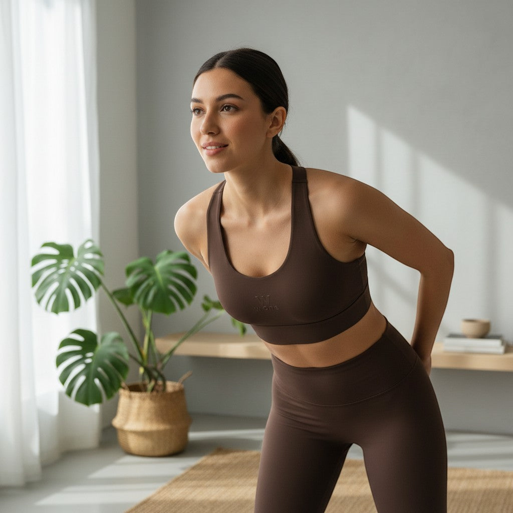 Modelo vestindo top fitness W One Brand Store cor coffee modelo nadador em poliamida com alta sustentação