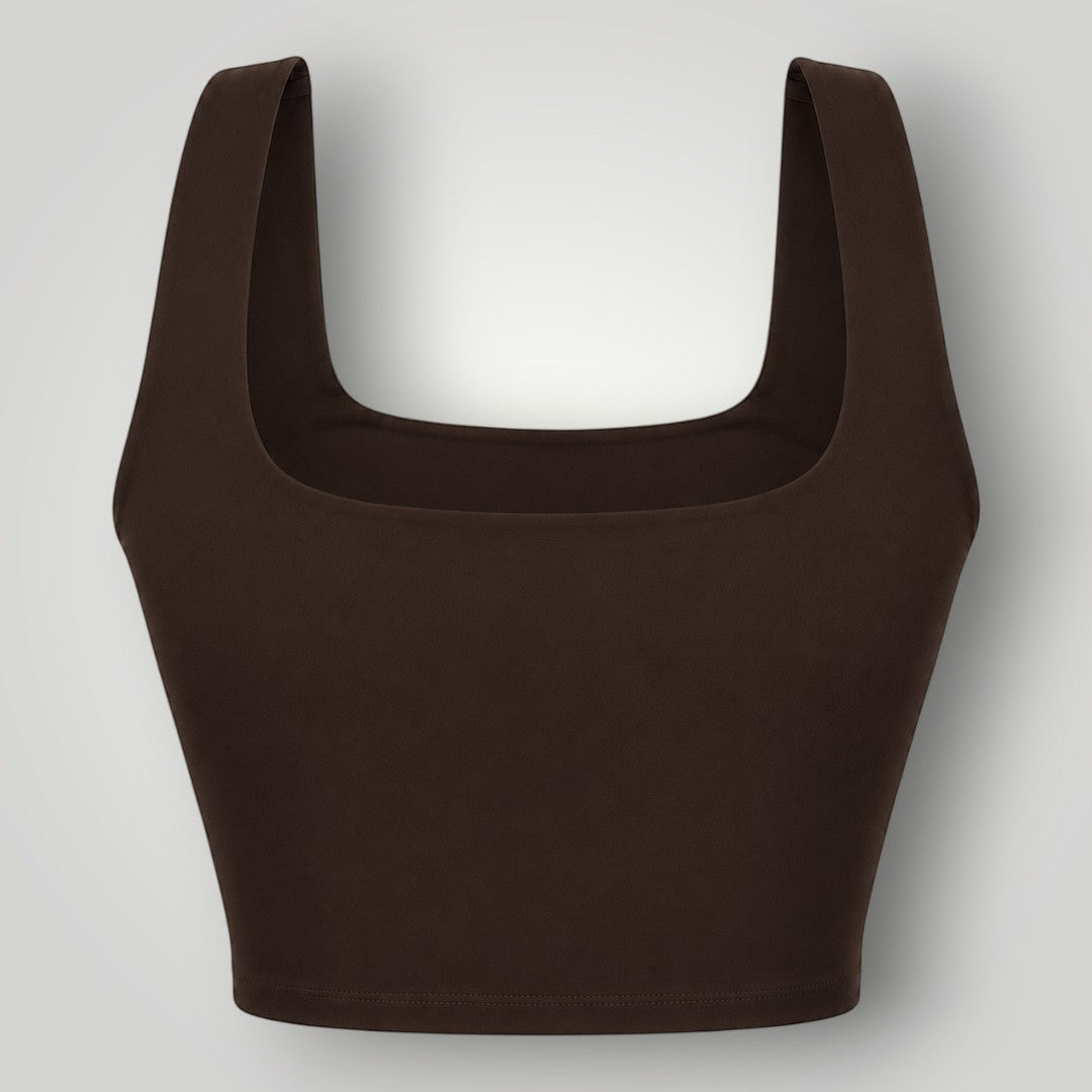 Top W One Brand Store fitness cor coffee em poliamida com decote quadrado e média sustentação para treinos