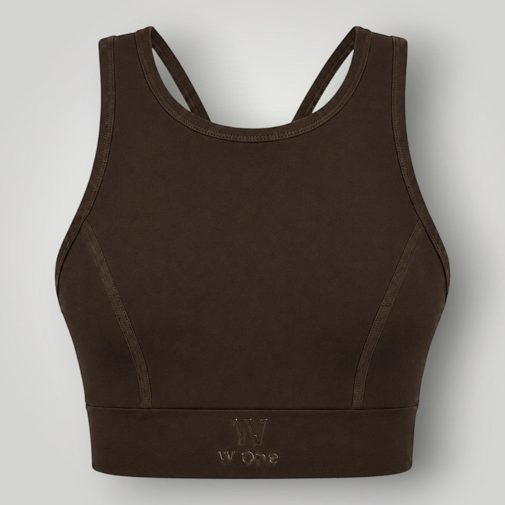 Top W One Brand Store Power Fit marrom em poliamida com alta sustentação e proteção UV para treinos intensos