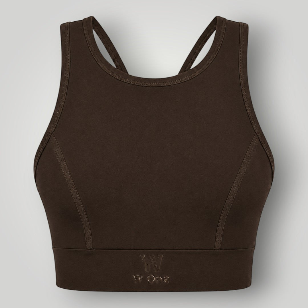 Top W One Brand Store Power Fit marrom em poliamida com alta sustentação e proteção UV para treinos intensos
