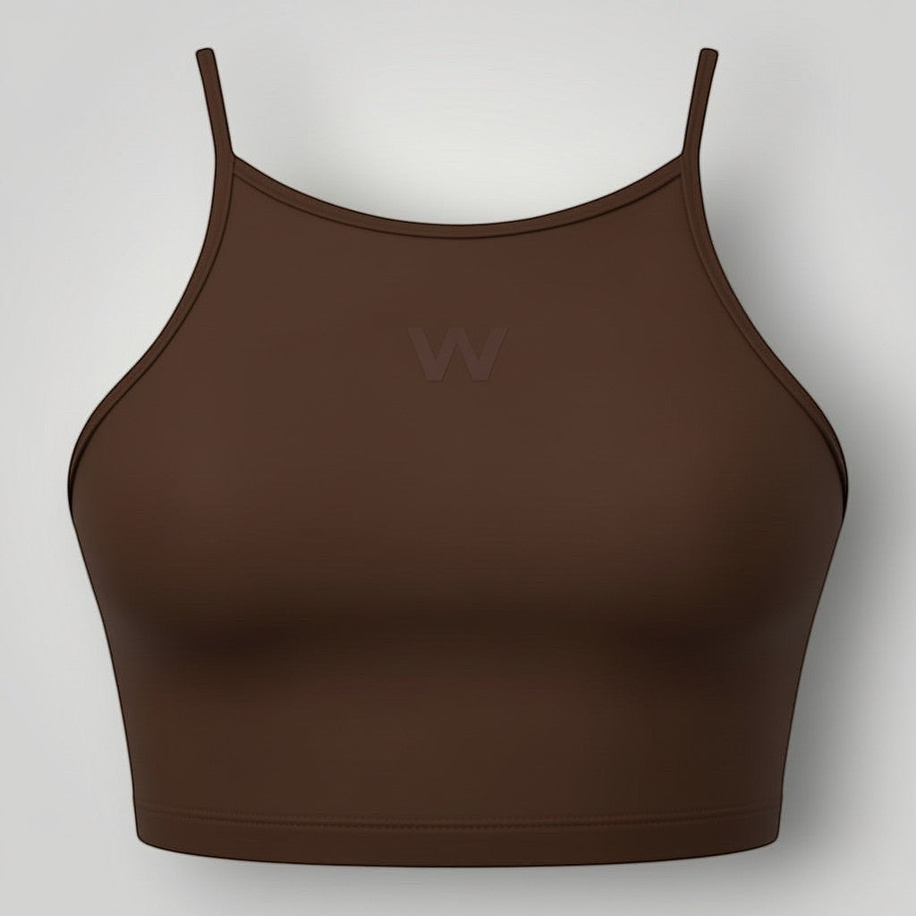 Top fitness W One Brand Store marrom com frente alta, alças finas e tecido respirável de média sustentação.