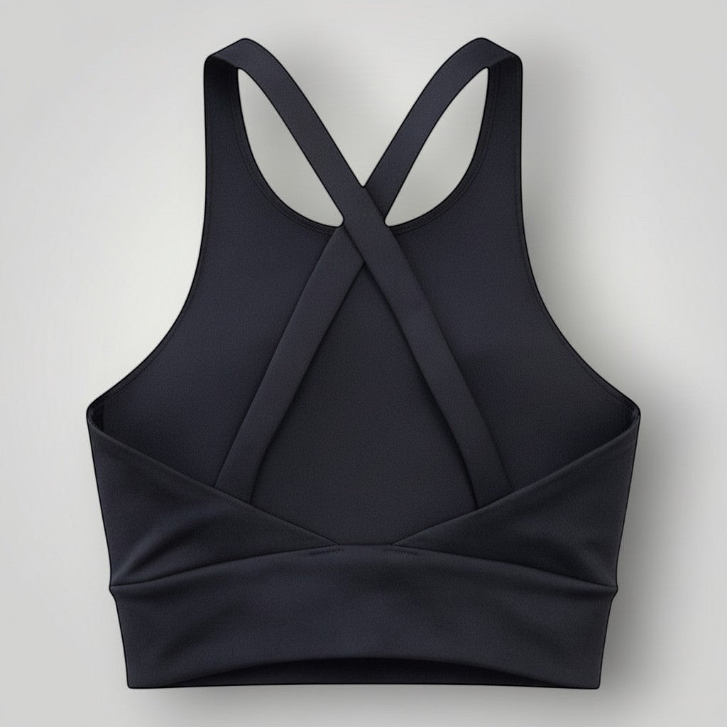 Top Sculpt Preto W One em detalhe com costas cruzadas
