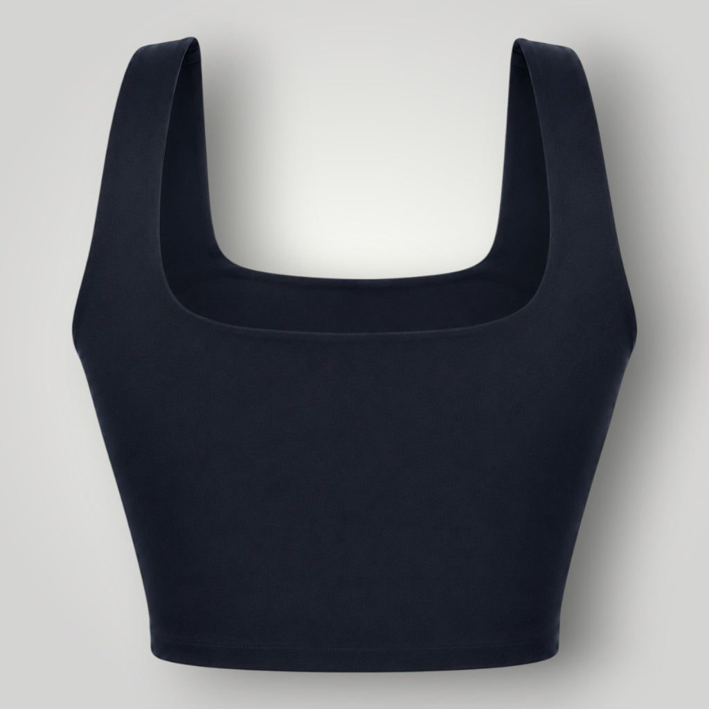 Top fitness W One Brand Store preto em poliamida com decote quadrado e alta sustentação para treinos.