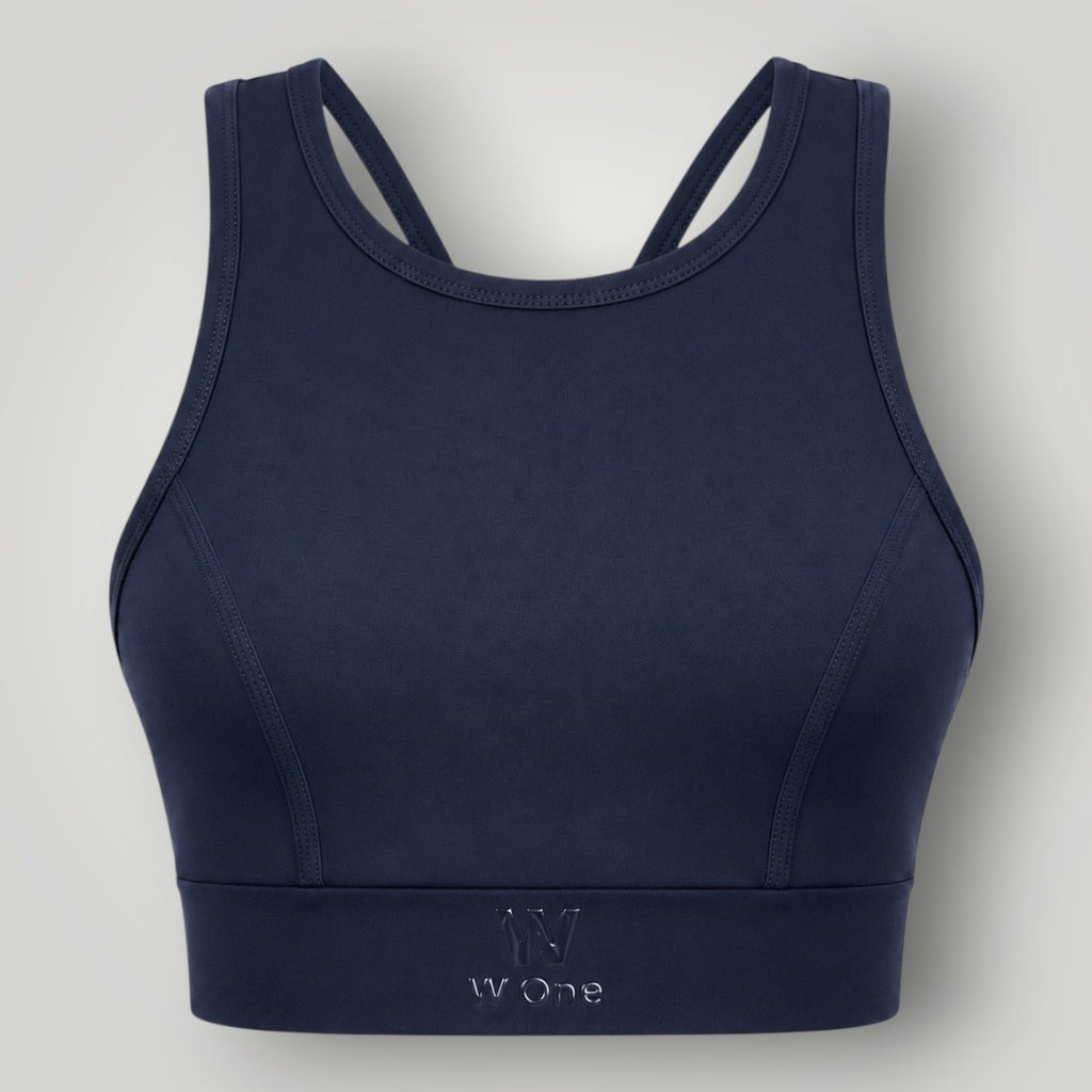 Top W One Brand Store Power Fit preto em poliamida com alta sustentação e proteção UV, ideal para treinos intensos.
