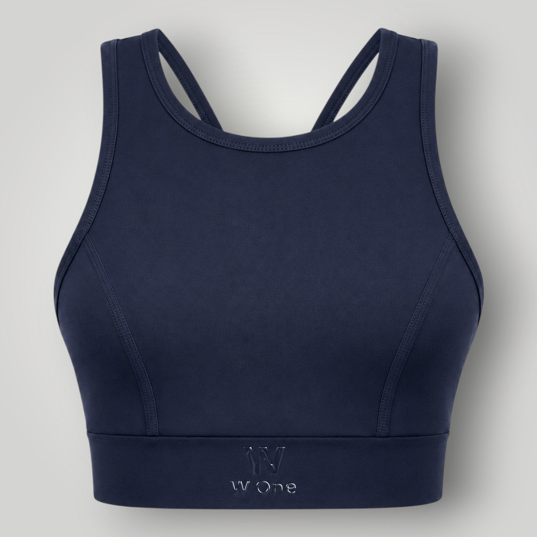Top W One Brand Store Power Fit preto em poliamida com alta sustentação e proteção UV, ideal para treinos intensos.