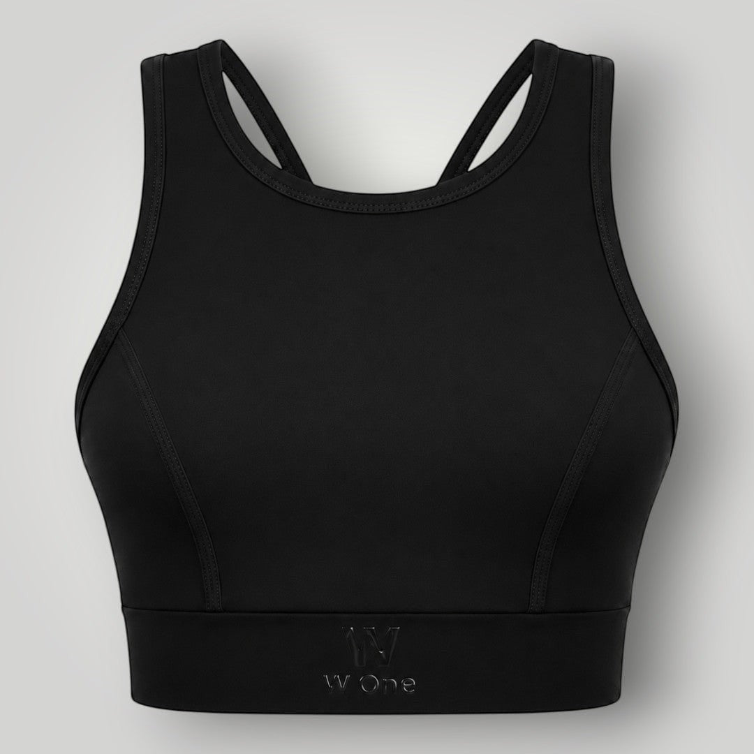 Top W One Brand Store Power Fit preto em poliamida com alta sustentação e proteção UV para treinos intensos