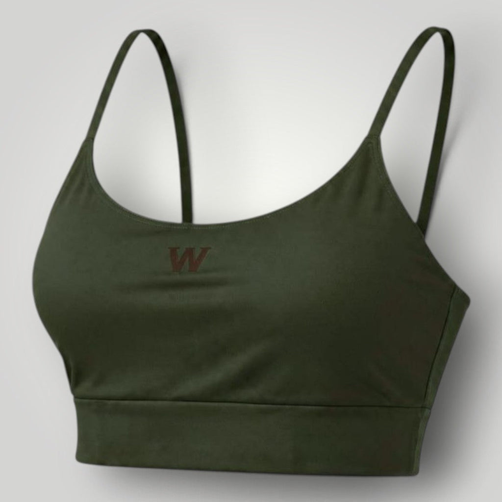 Top fitness W One Brand Store verde militar com alças fixas e média sustentação em tecido poliamida com elastano