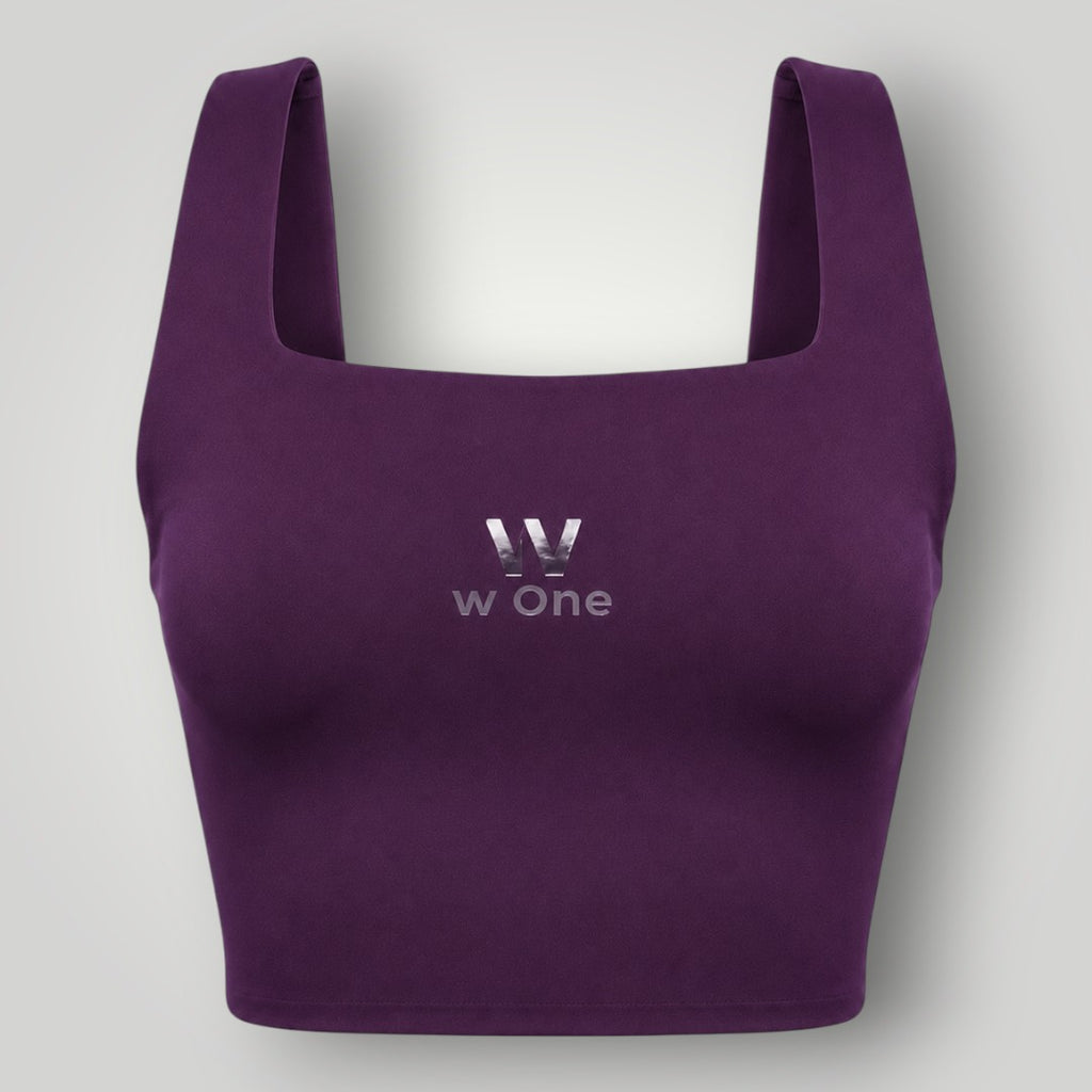 Top fitness W One Brand Store modelo Allure na cor wine em poliamida com média a alta sustentação e decote quadrado