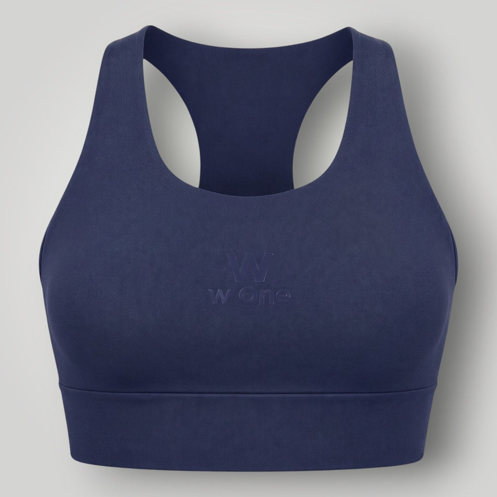 Top esportivo W One Brand Store Essence 2 azul marinho com modelagem nadador e alta sustentação em tecido respirável