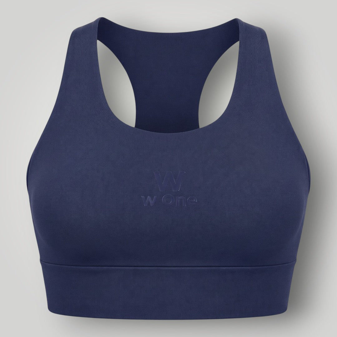 Top esportivo W One Brand Store Essence 2 azul marinho com modelagem nadador e alta sustentação em tecido respirável