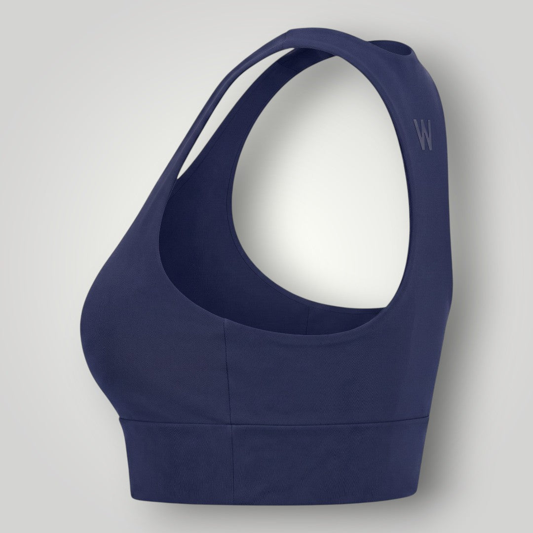 Top esportivo W One Brand Store azul marinho com modelagem nadador de alta sustentação e tecido respirável