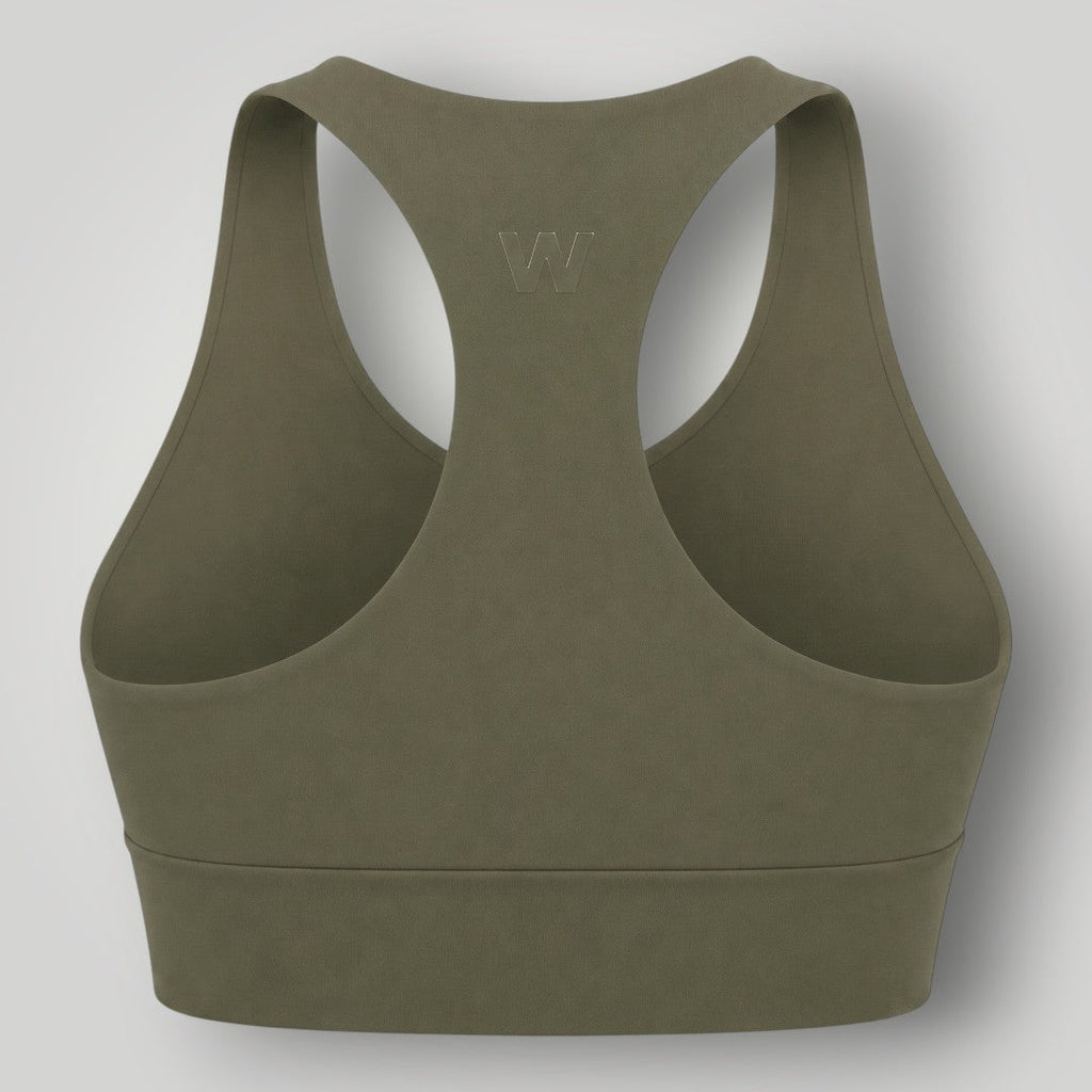 Top esportivo W One Brand Store Essence 2 verde militar com costas nadador e alta sustentação