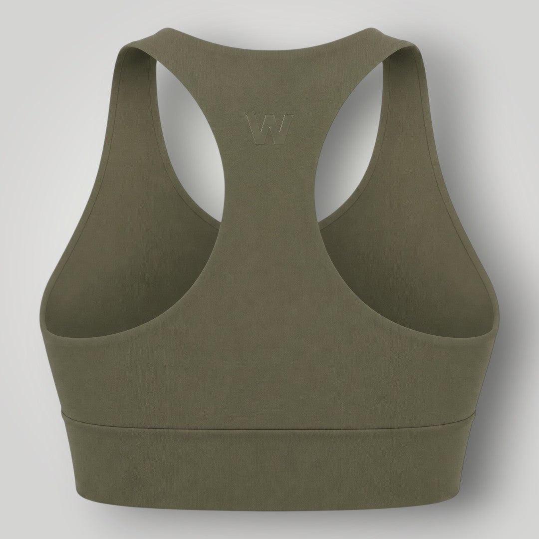 Top esportivo W One Brand Store Essence 2 verde militar com costas nadador e alta sustentação