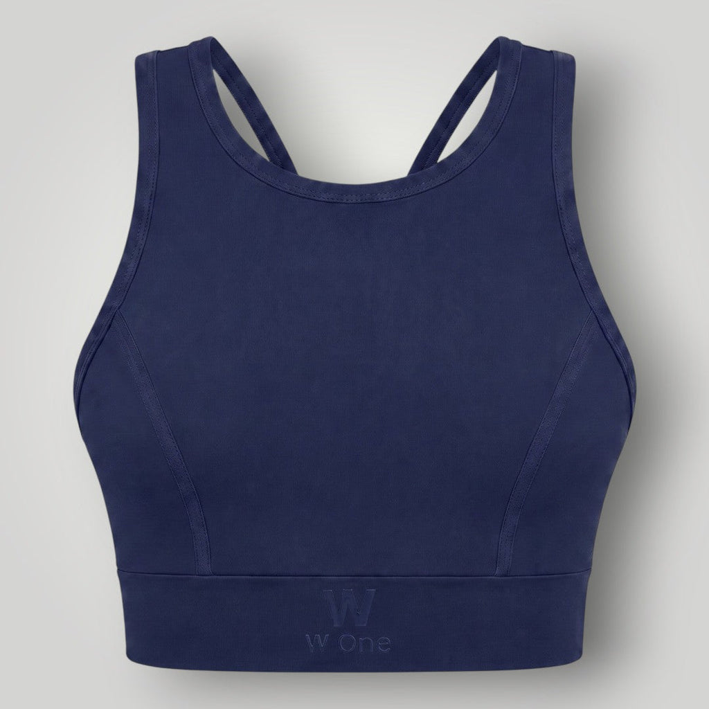 Top esportivo W One Brand Store Power Fit azul marinho de alta sustentação com decote nadador e logo frontal