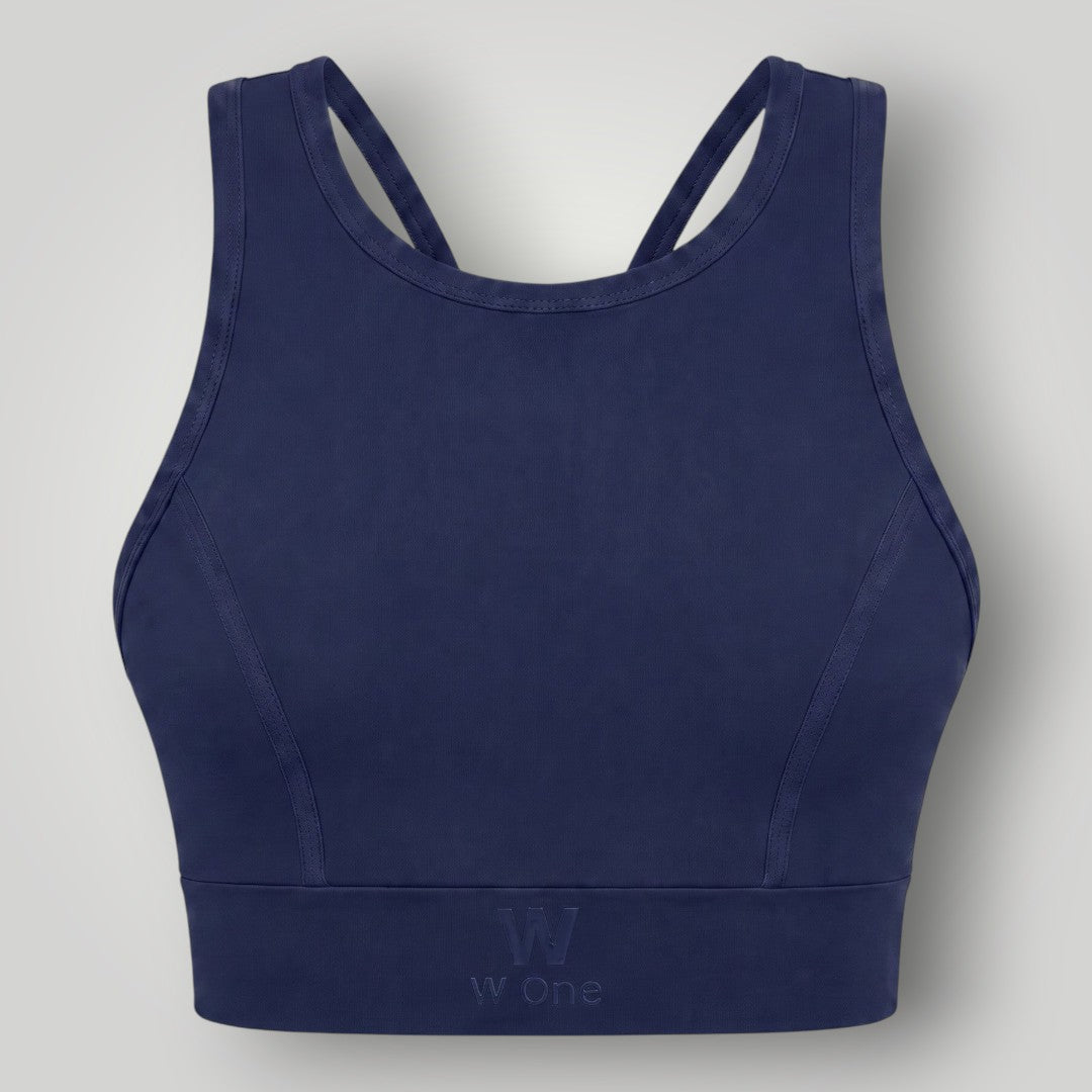 Top esportivo W One Brand Store Power Fit azul marinho de alta sustentação com decote nadador e logo frontal