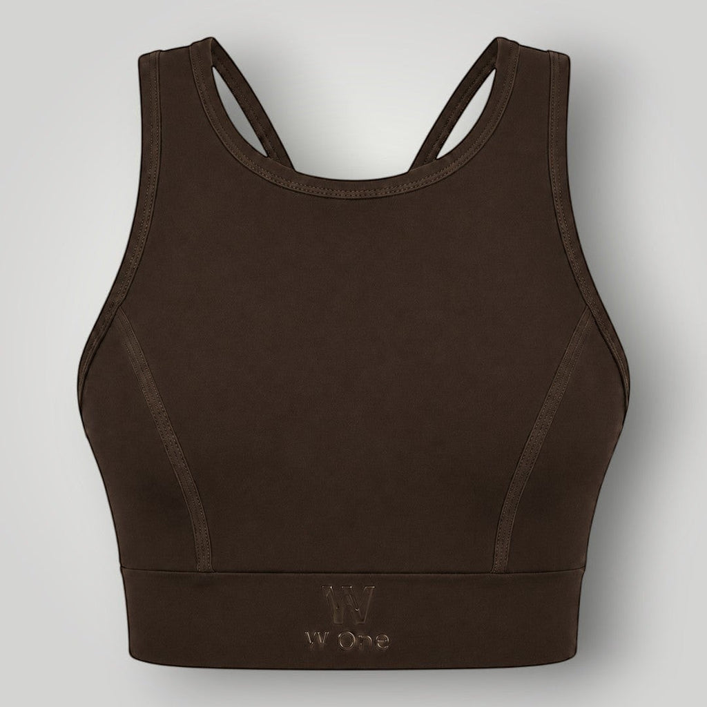 Top W One Brand Store Power Fit Coffee marrom de alta sustentação com tecido respirável e proteção solar FPU 50+