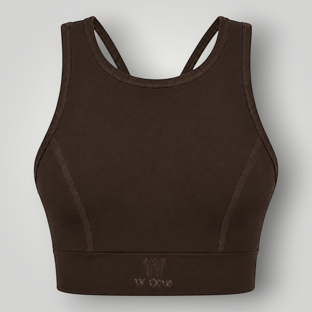 Top W One Brand Store Power Fit Coffee marrom de alta sustentação com tecido respirável e proteção solar FPU 50+