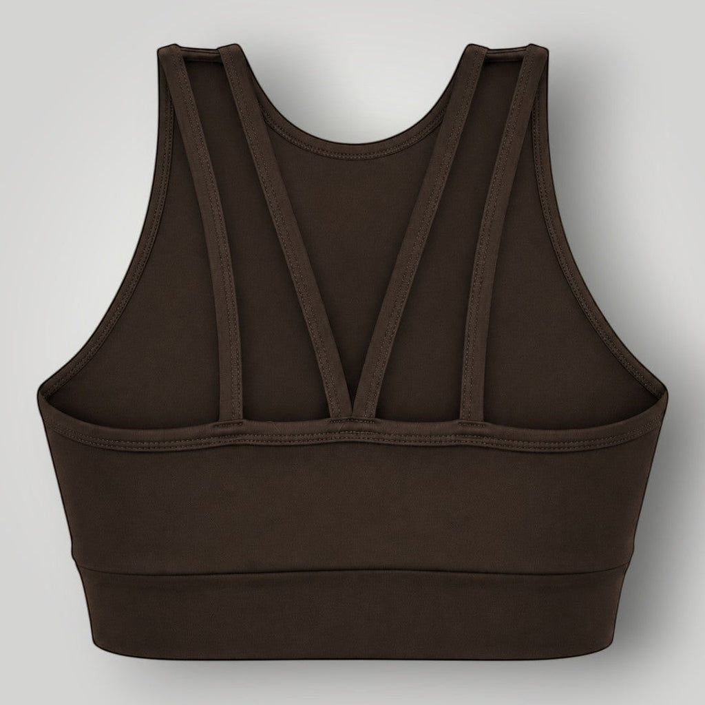 Top W One Brand Store Power Fit Coffee marrom de alta sustentação com alças duplas e tecido respirável