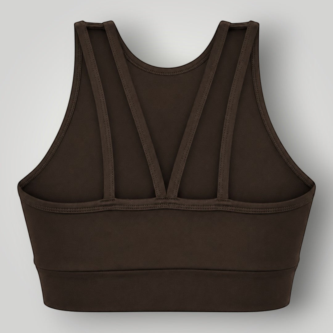 Top W One Brand Store Power Fit Coffee marrom de alta sustentação com alças duplas e tecido respirável