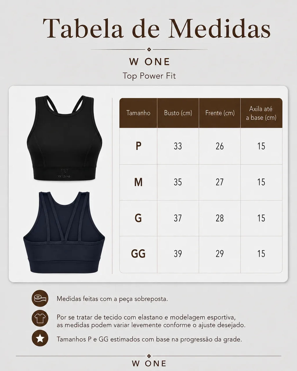 Tabela de medidas do Top Power Fit W One Brand Store na cor azul marinho com detalhes de tamanhos e dimensões