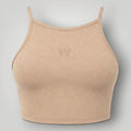 Top W One Brand Store Pulse na cor canela com frente alta, alças finas e logo frontal, ideal para treinos fitness.