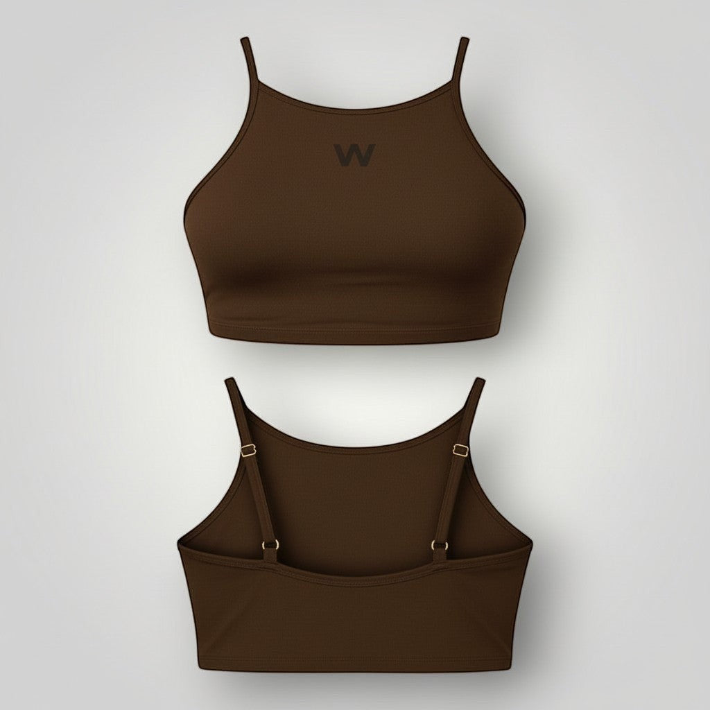 Top W One Brand Store Pulse Coffee marrom com frente alta, alças reguláveis e faixa nas costas para média sustentação