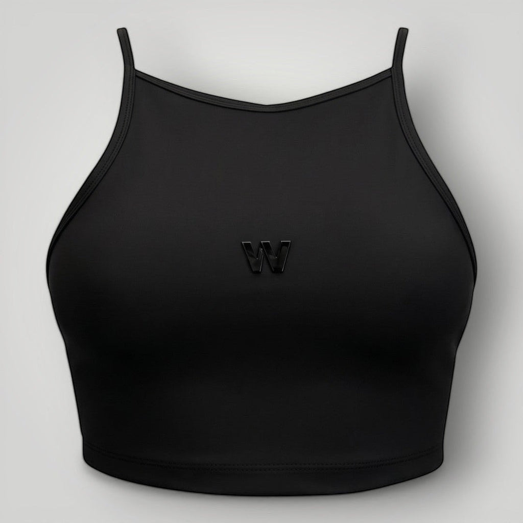 Top fitness W One Brand Store Pulse preto de frente alta com alças finas e logo centralizado em tecido respirável