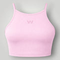 Top W One Brand Store Pulse rosa balé com frente alta, alças finas reguláveis e tecido de média sustentação.