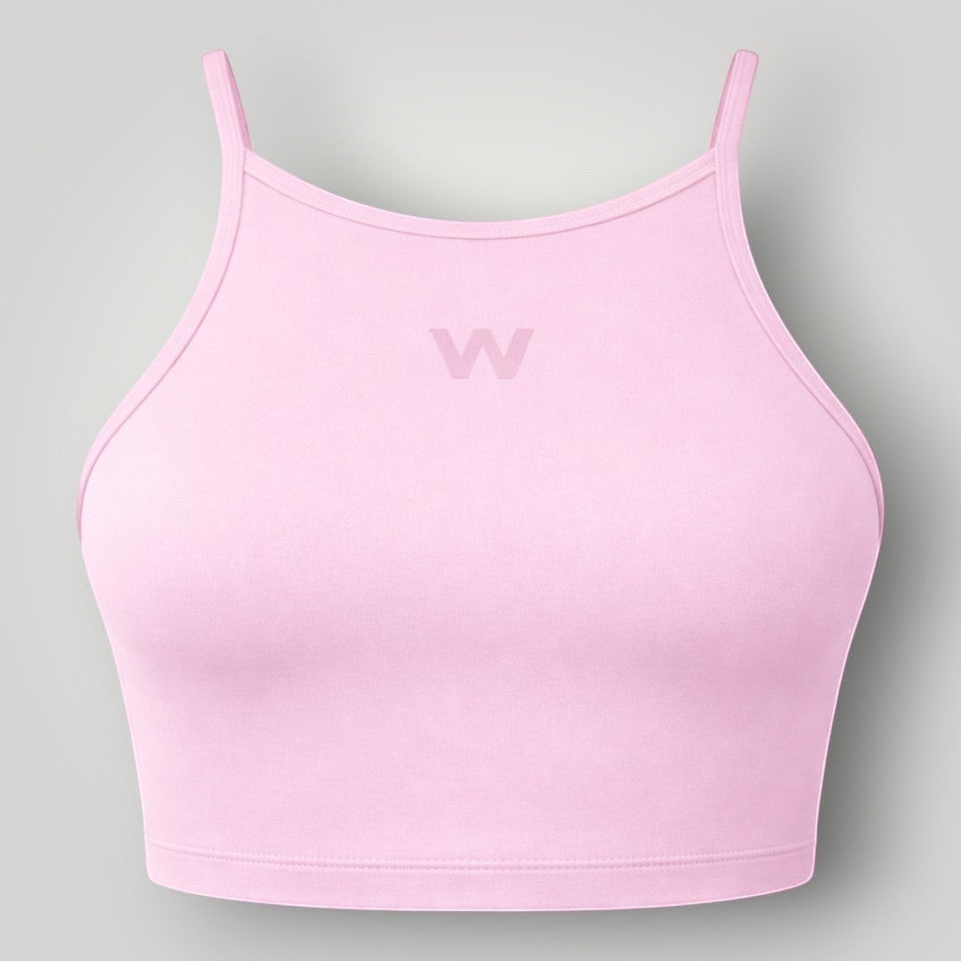 Top W One Brand Store Pulse rosa balé com frente alta, alças finas reguláveis e tecido de média sustentação.