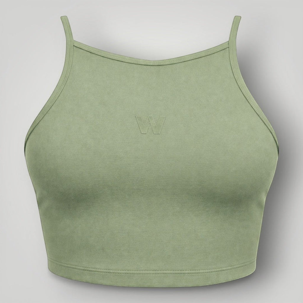 Top W One Brand Store Pulse verde malva com frente alta, alças finas e tecido de média sustentação