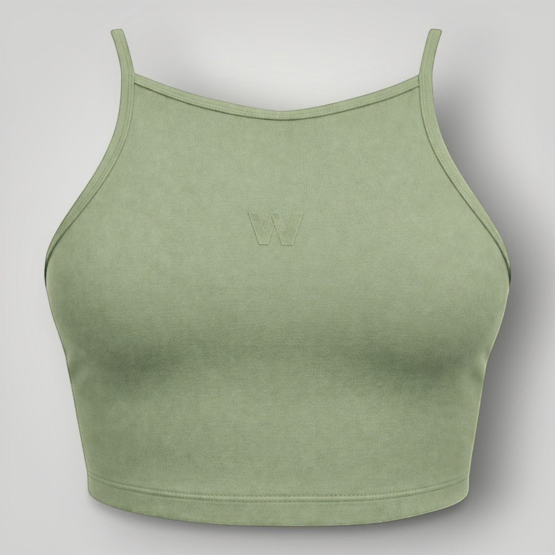 Top W One Brand Store Pulse verde malva com frente alta, alças finas e tecido de média sustentação