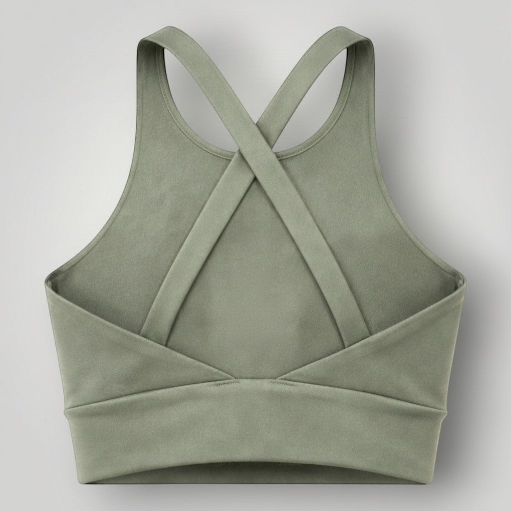Top Sculpt Verde Malva W One em detalhe com costas cruzadas