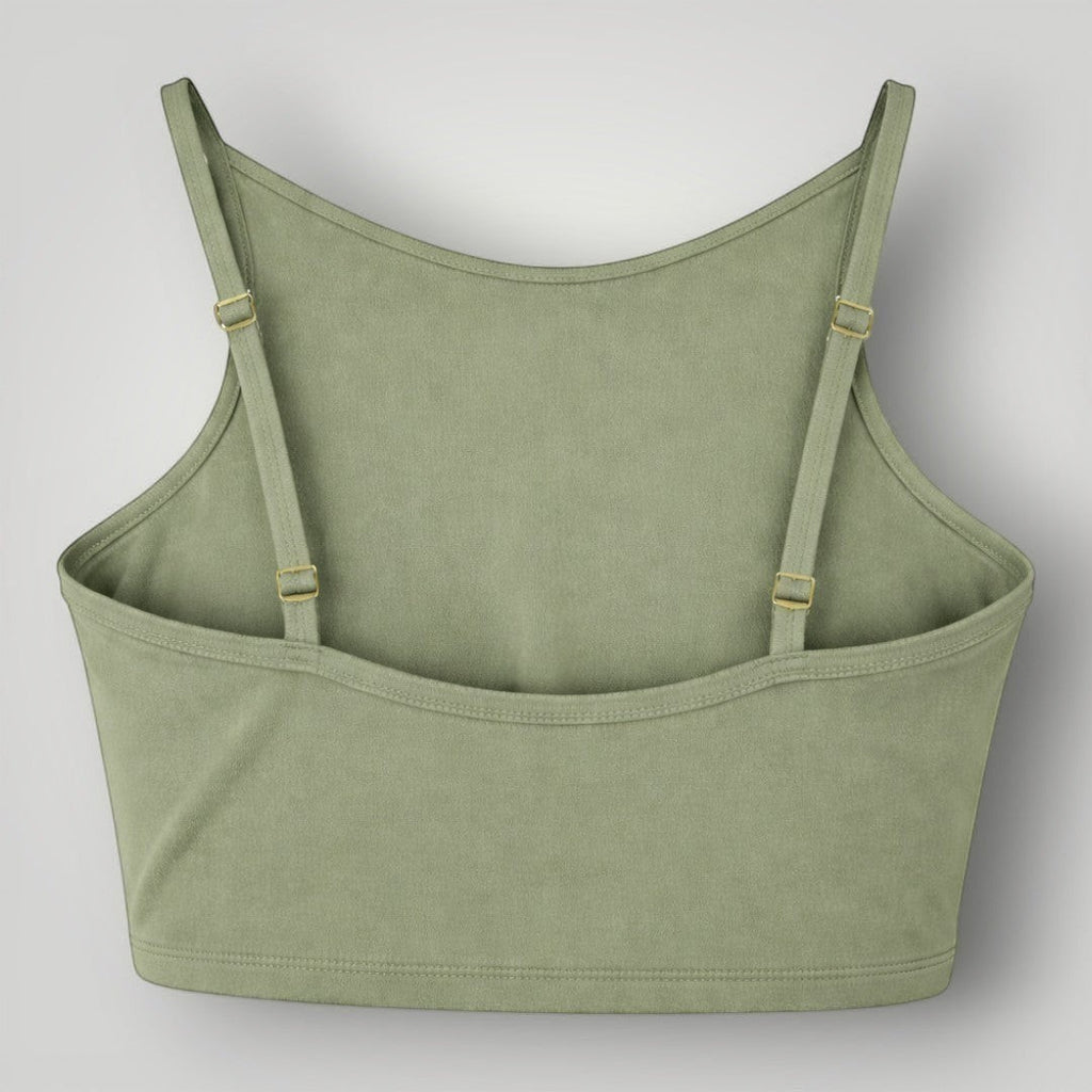 Top W One Brand Store Pulse verde malva com frente alta, alças reguláveis e faixa nas costas para média sustentação.