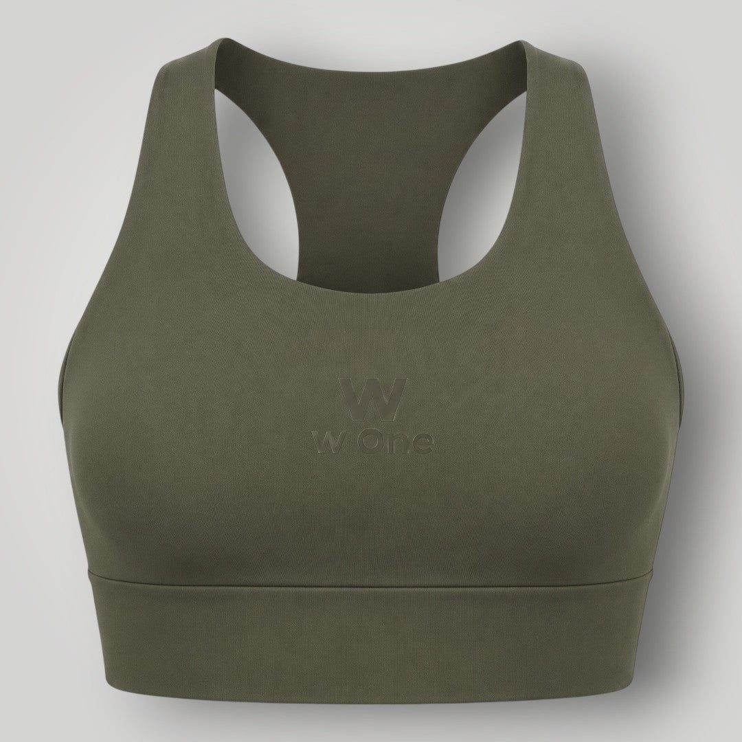 Top esportivo W One Brand Store Essence 2 verde militar com decote nadador e alta sustentação para treinos