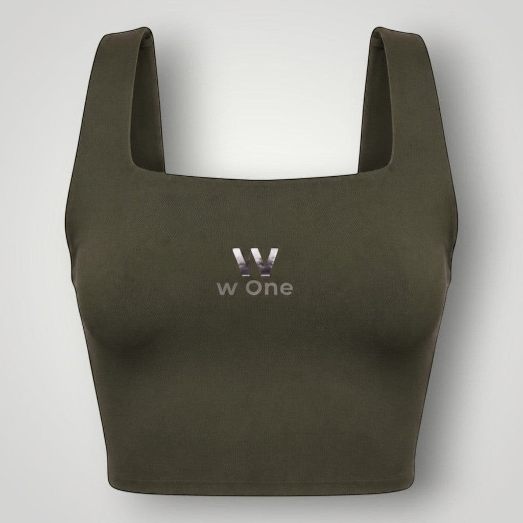 Top fitness W One Brand Store Allure verde militar com decote quadrado e alta sustentação em tecido tecnológico