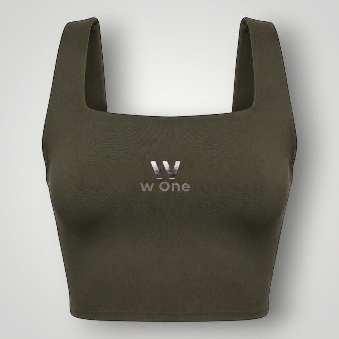 Top fitness W One Brand Store Allure verde militar com decote quadrado e alta sustentação em tecido tecnológico