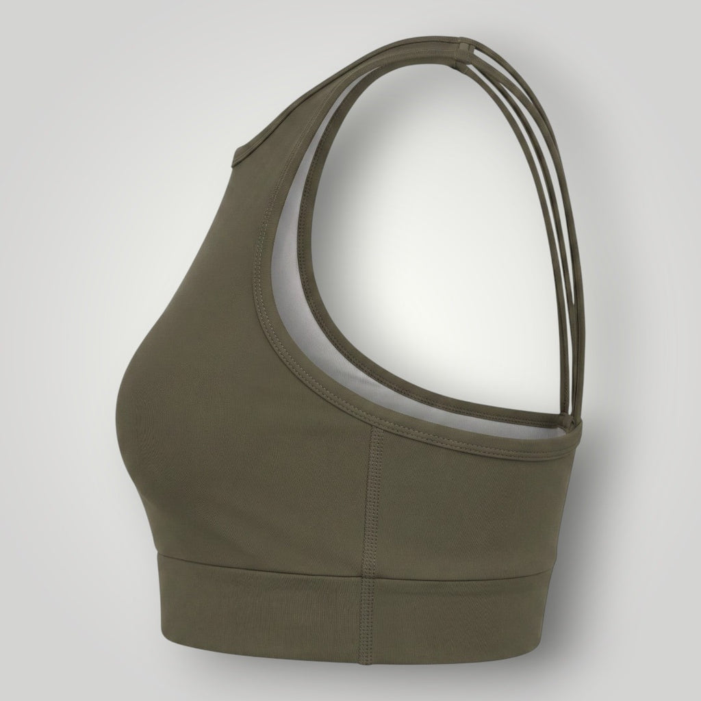 Top Power Fit W One Brand Store verde militar de alta sustentação com alças duplas e tecido respirável