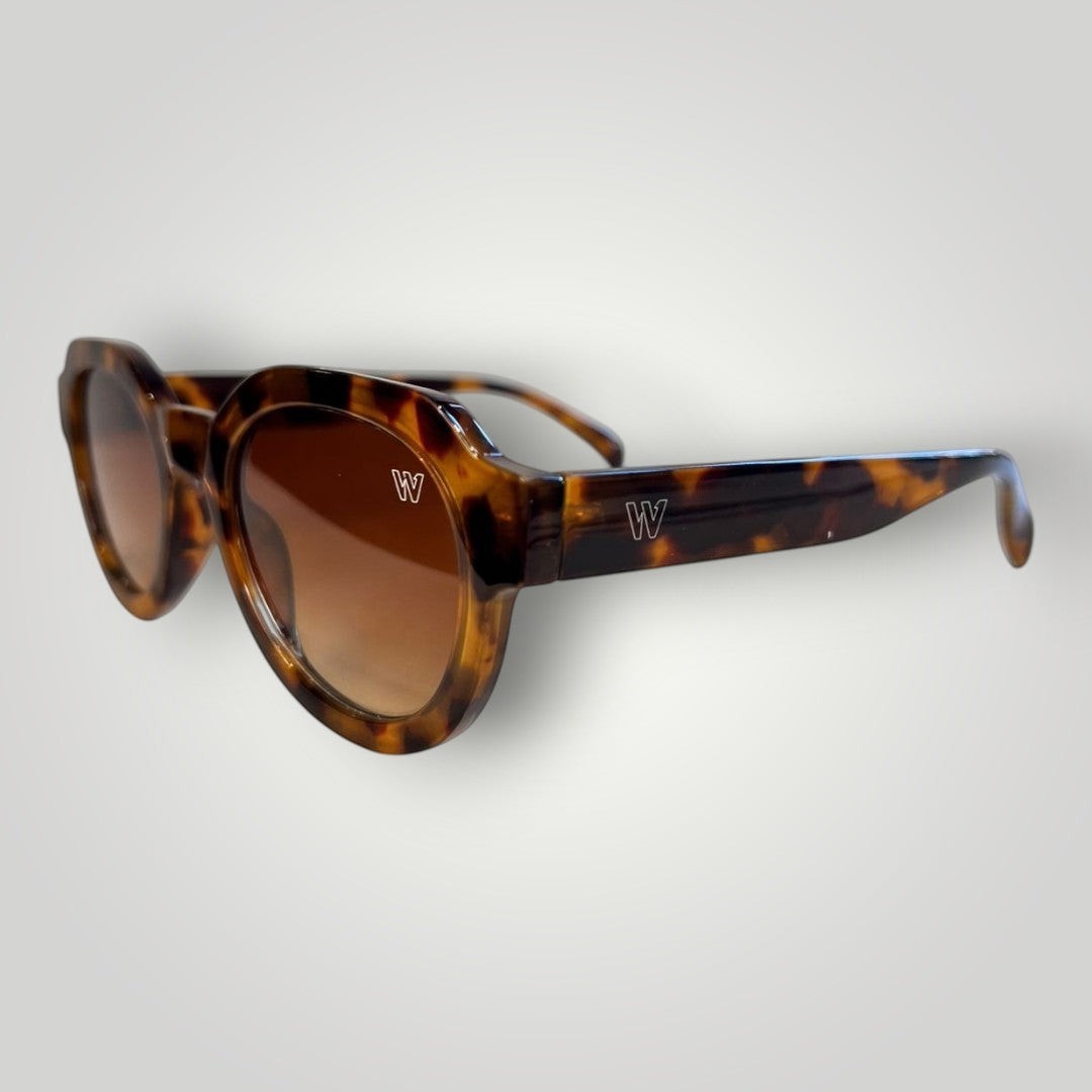 W One Brand Store round acetate sunglasses with tortoise shell pattern and brown gradient lenses.