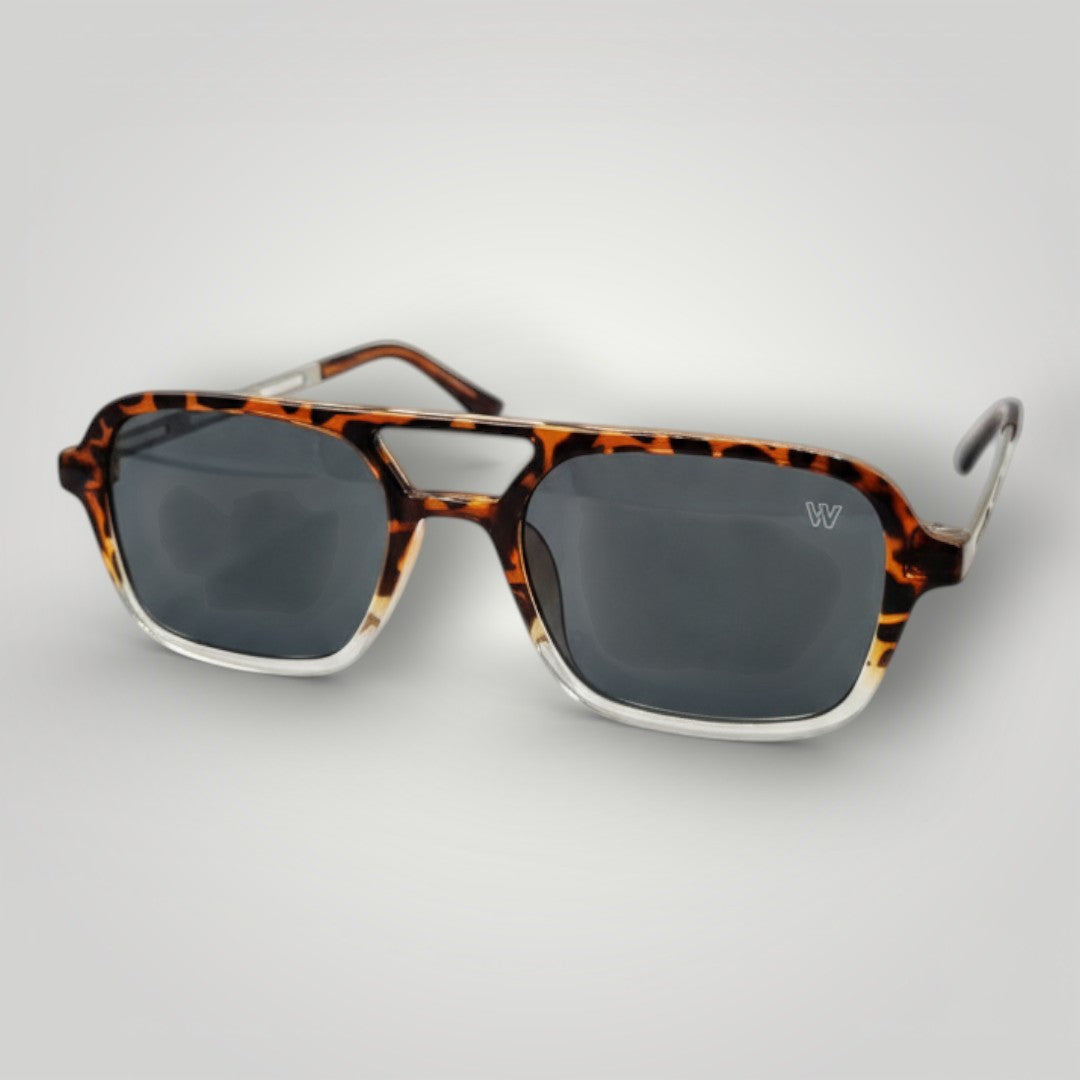 W One Brand Store rectangular sunglasses with tortoise shell frame and grey lenses, featuring UV400 protection.