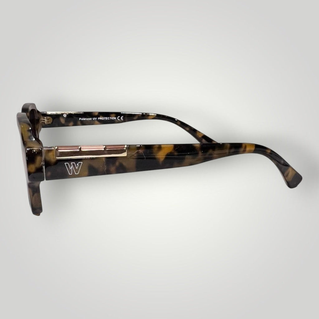 W One Brand Store tortoiseshell acetate rectangular sunglasses with brown gradient polarized lenses and UV protection.