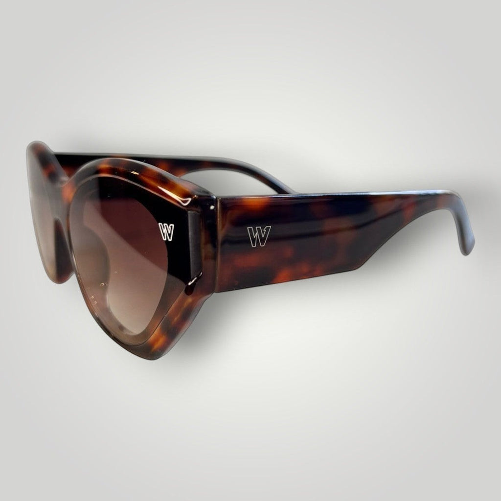 W One Brand Store tortoiseshell acetate cat-eye sunglasses with brown gradient lenses and silver W logo.