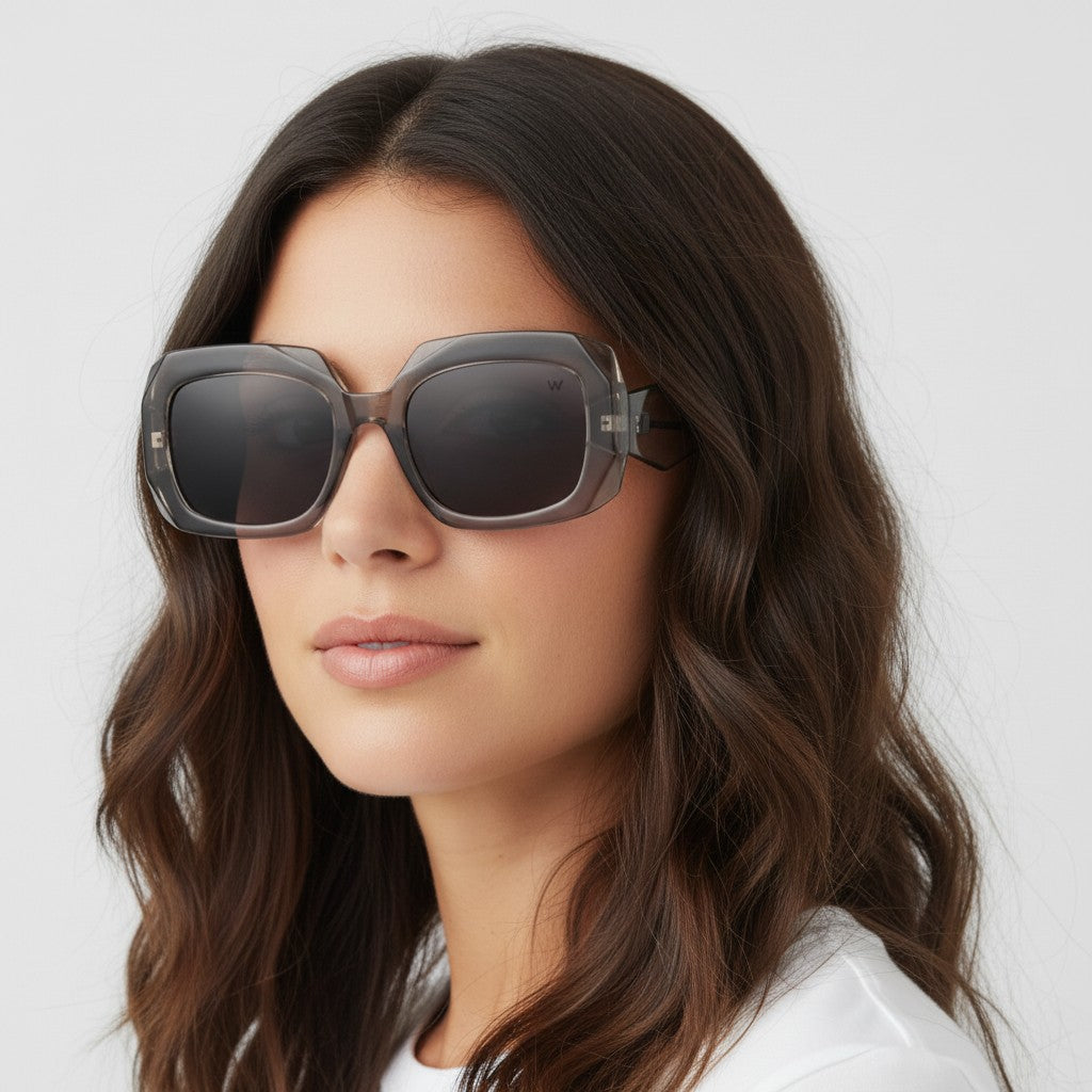 W One Brand Store maxi sunglasses in translucent grey acetate with dark lenses and UV400 protection.
