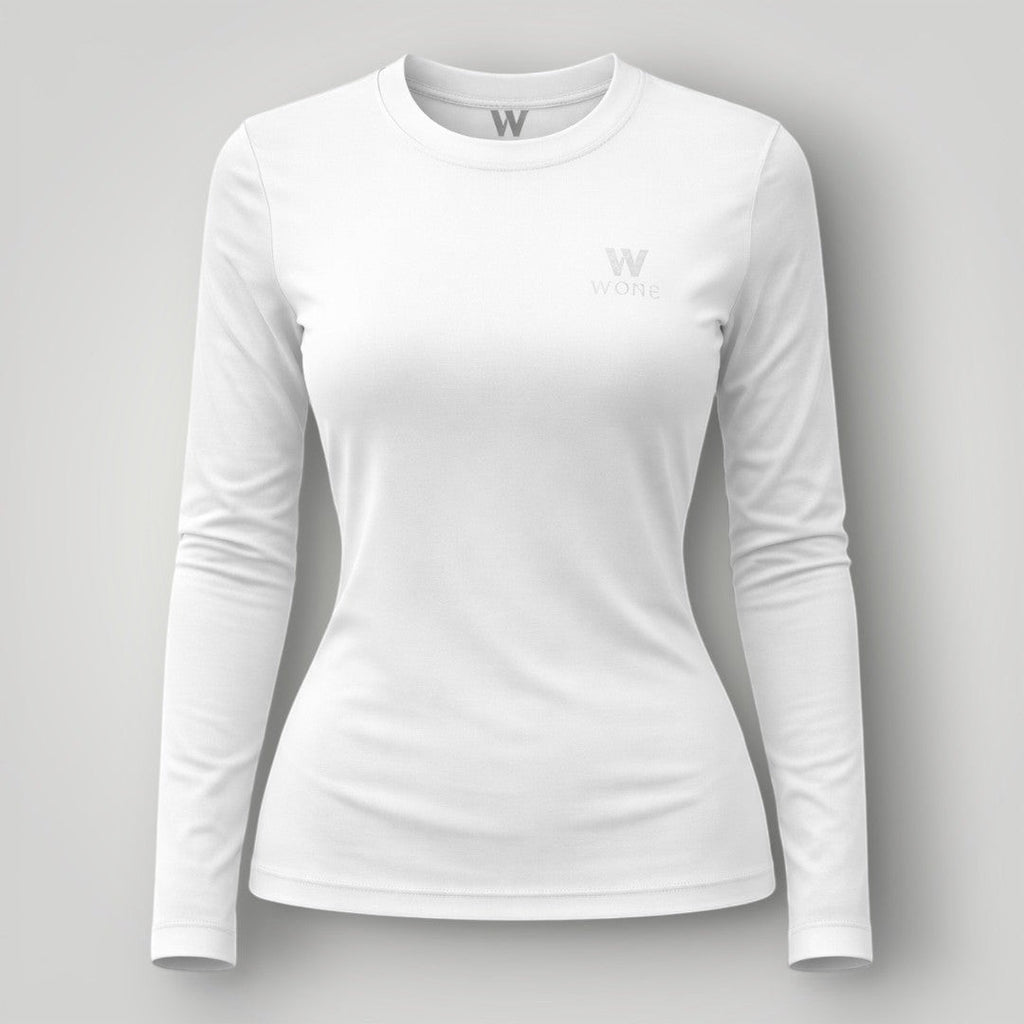 W One Brand Store white long-sleeve polyamide fitness t-shirt with subtle logo detail on chest.
