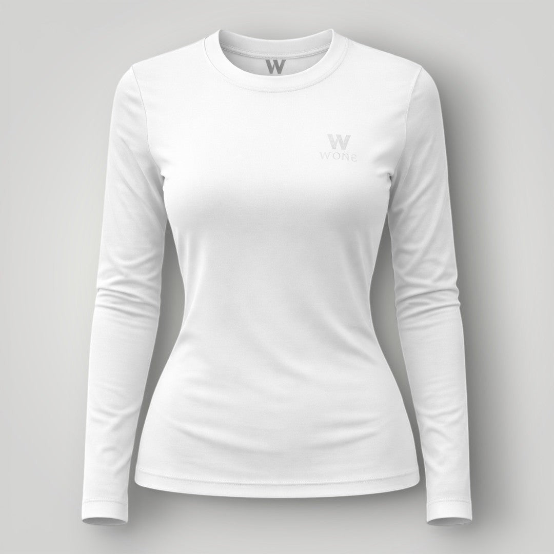 W One Brand Store white long-sleeve polyamide fitness t-shirt with subtle logo detail on chest.