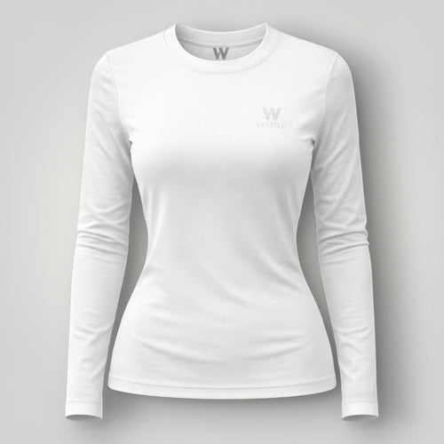 W One Brand Store white long-sleeve polyamide fitness t-shirt with subtle logo detail on chest.