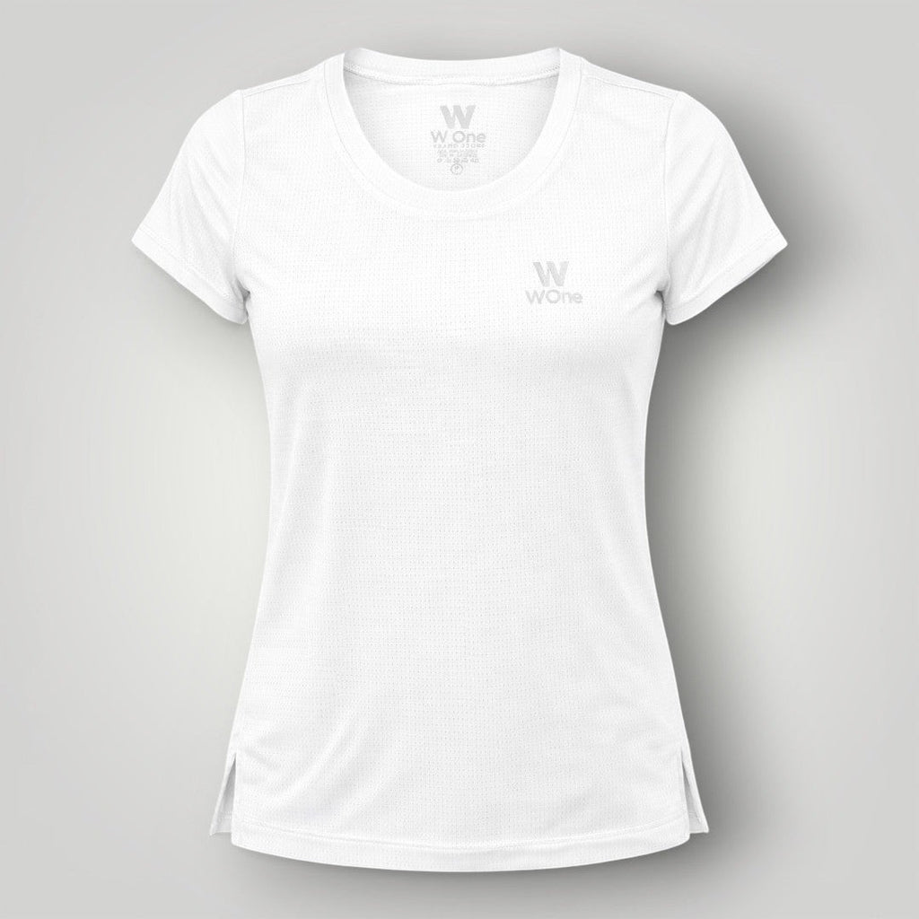 W One Brand Store white polyamide fitness t-shirt for women with a light touch and side slits. Features SUN PRO UV protection.